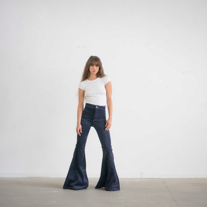 SIMIS The Holly Cord Flares in Navy – stylish navy-blue corduroy flare pants with a tailored high waist and bold, confident look.