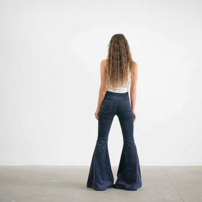 SIMIS The Holly Cord Flares in Navy – stylish navy-blue corduroy flare pants with a tailored high waist and bold, confident look.